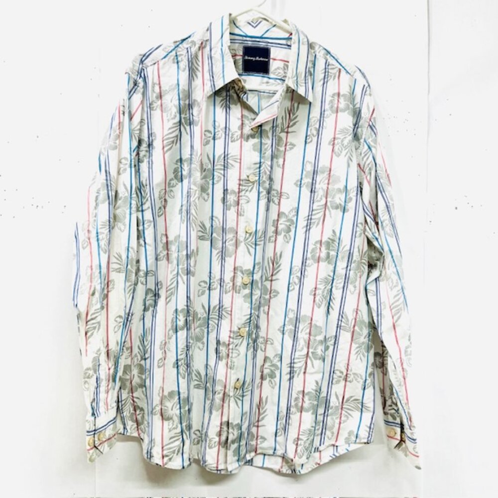 Men Tommy Bahama Casual Shirt Long Sleeve Button Down white blue stripe (77)